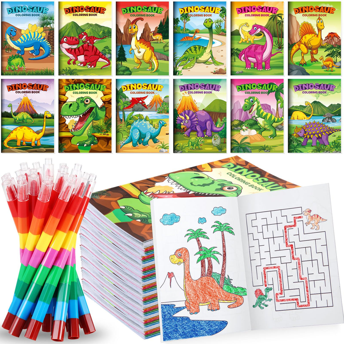 BenLouis 12 Dinosaur Mini Coloring Books with Stacking Crayons – Dino Party Favors