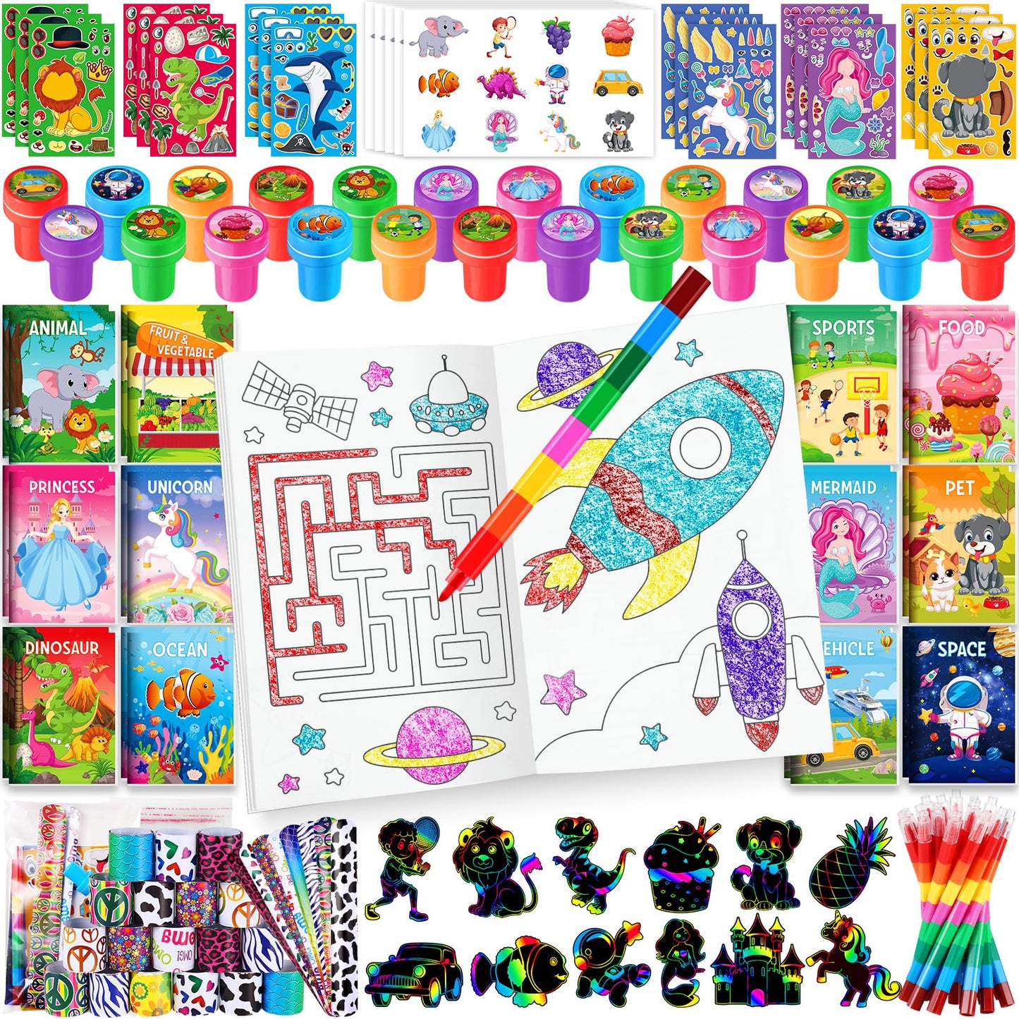 BenLouis 192Pcs Kids Party Favors: Mini Coloring Books, Crayons, Slap Bracelets & Stickers Set