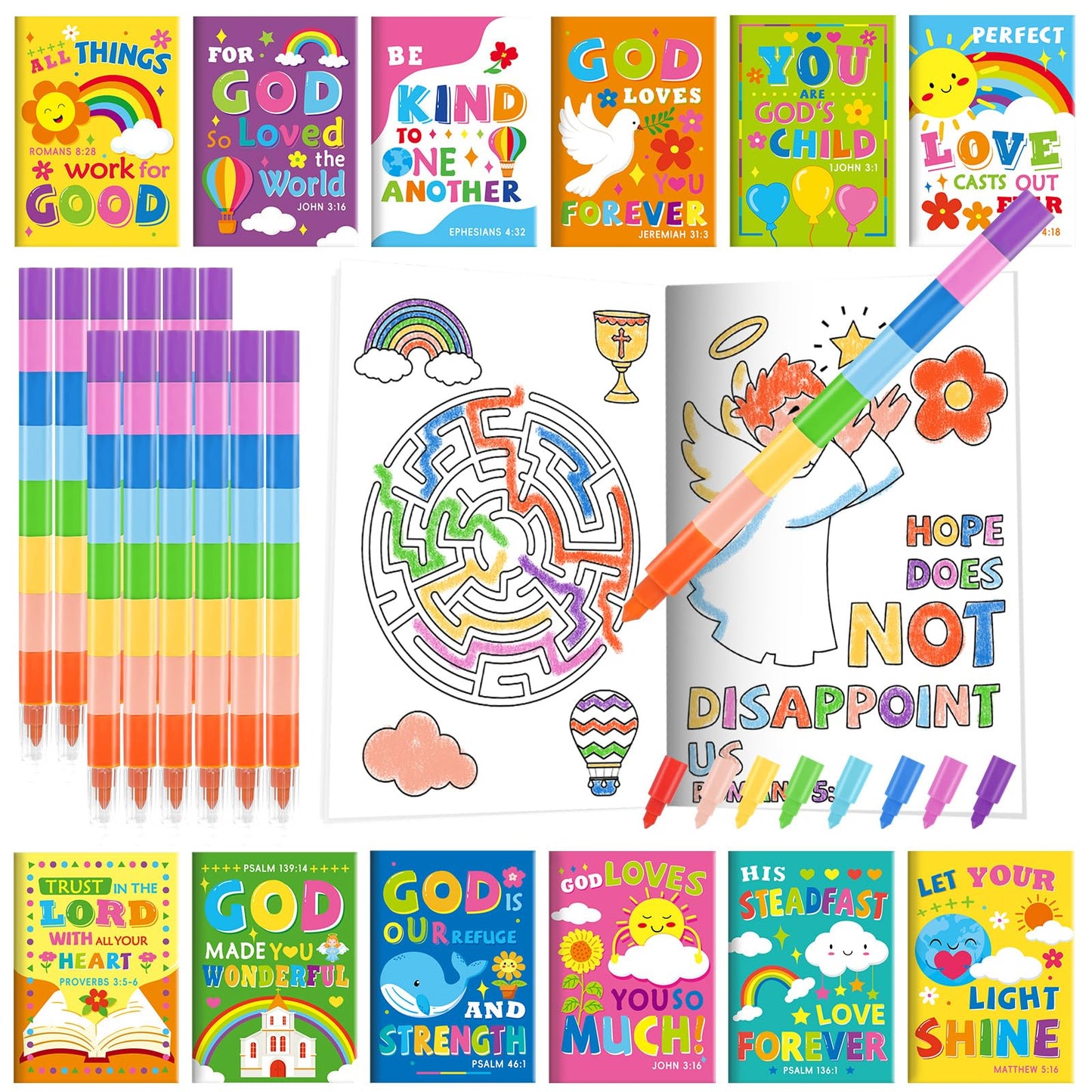 BenLouis 24 Bible Verses Mini Coloring Books with Stacking Crayons – Kids Christian Party Favors & Classroom Activity Bulk Kit