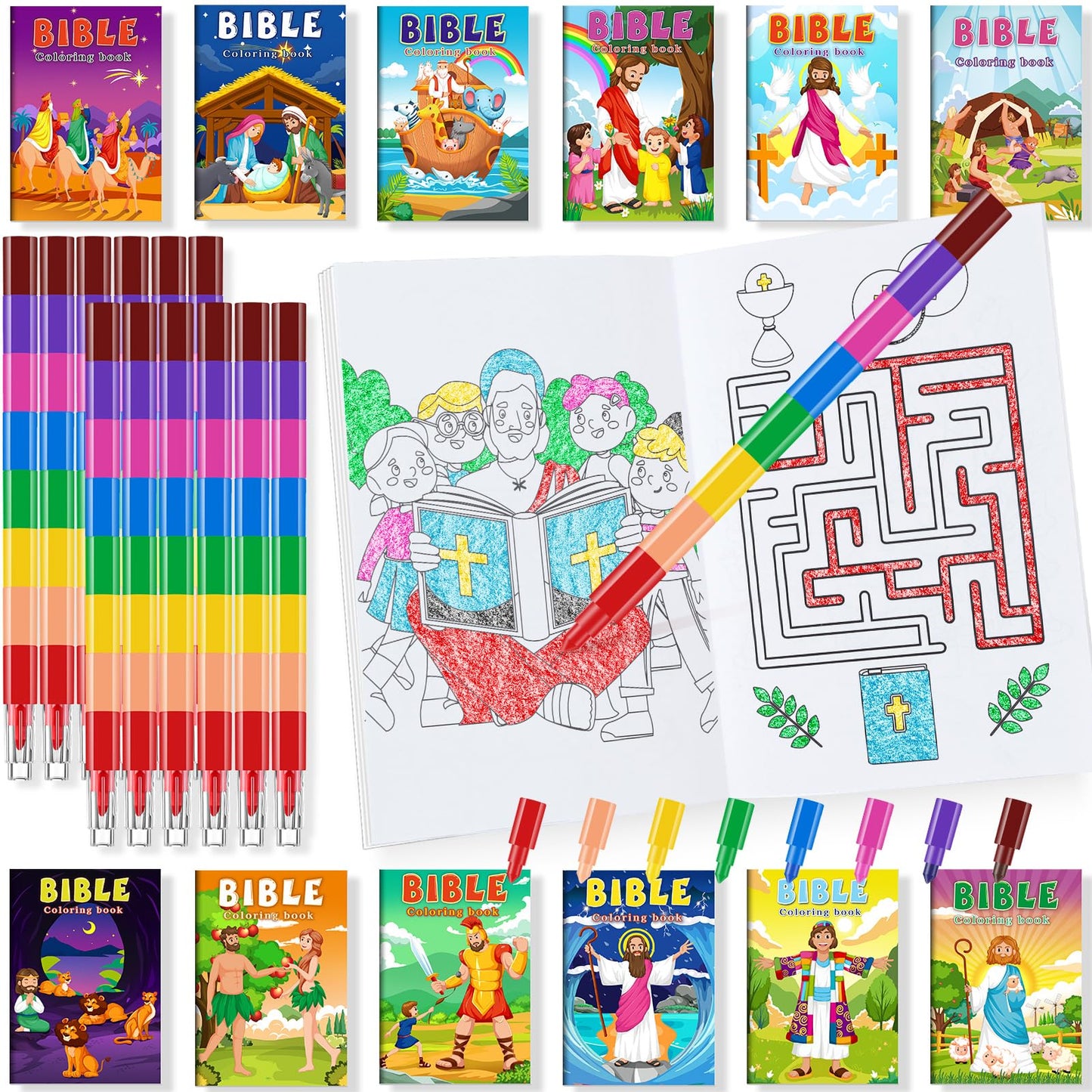 BenLouis 24 Christian Mini Coloring Books with Stacking Crayons – Bible Verse Party Favors