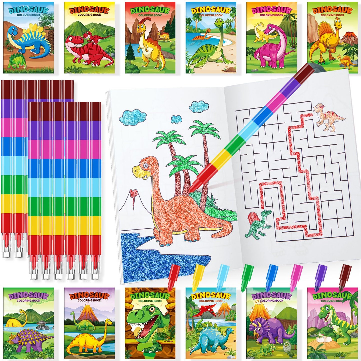 BenLouis 24 Dinosaur Mini Coloring Books with Stacking Crayons – Kids Party Favors & Classroom Activity Bulk