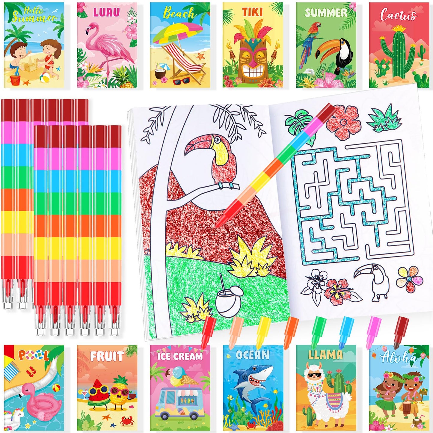 BenLouis 24 Summer Mini Coloring Books with Stacking Crayons – Beach Party Favors