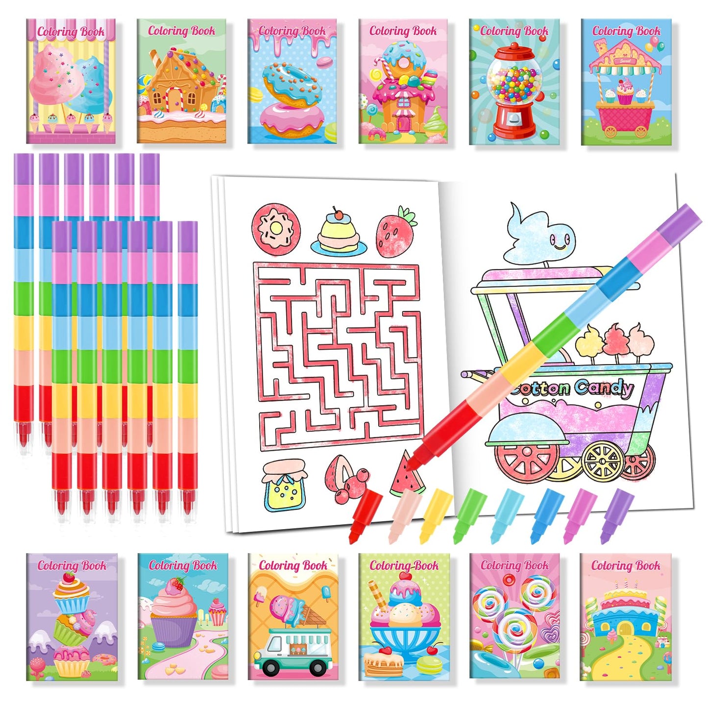 BenLouis 24 Sweet Mini Coloring Books with Stacking Crayons – Candyland Donut Party Favors