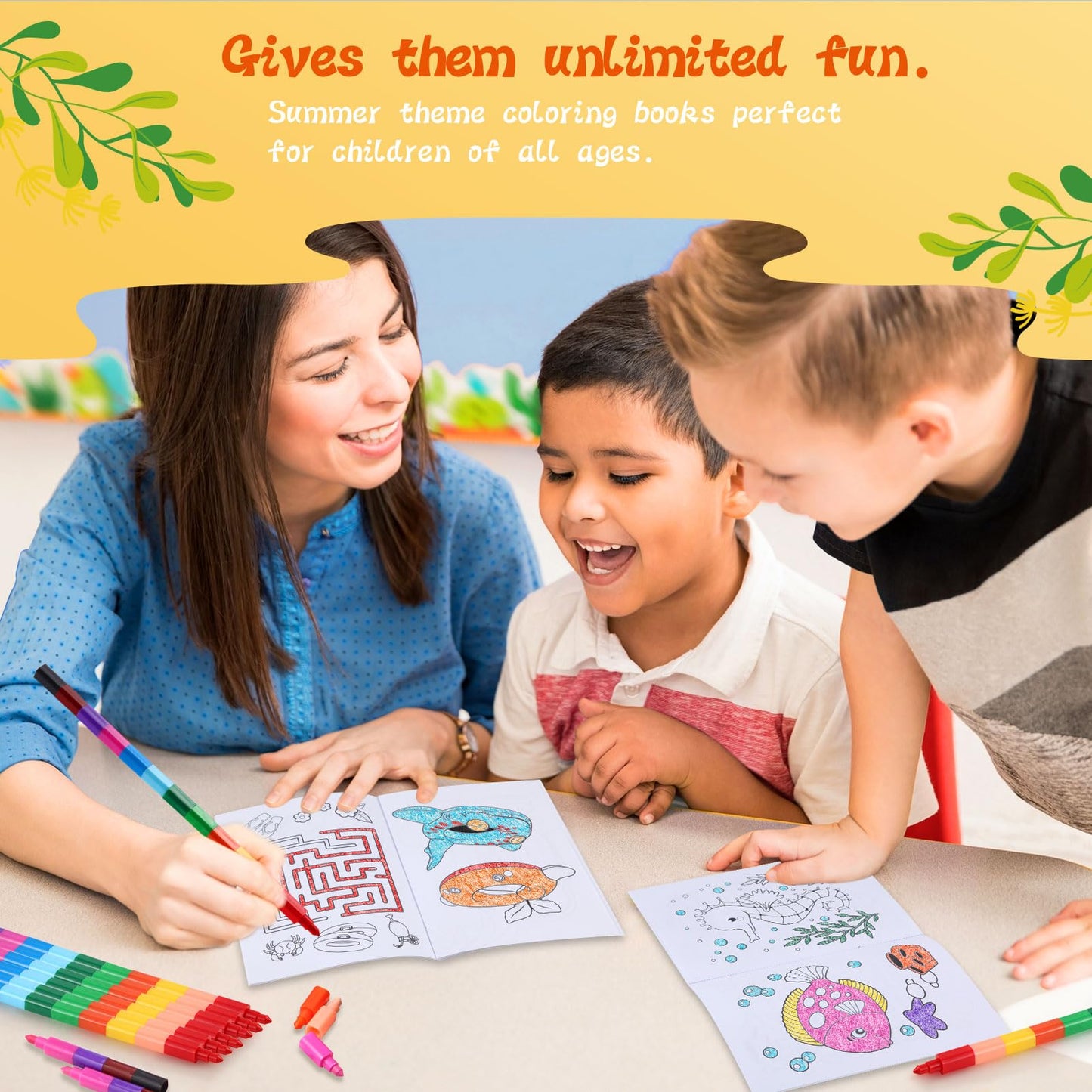 BenLouis 24 Summer Mini Coloring Books with Stacking Crayons – Beach Party Favors