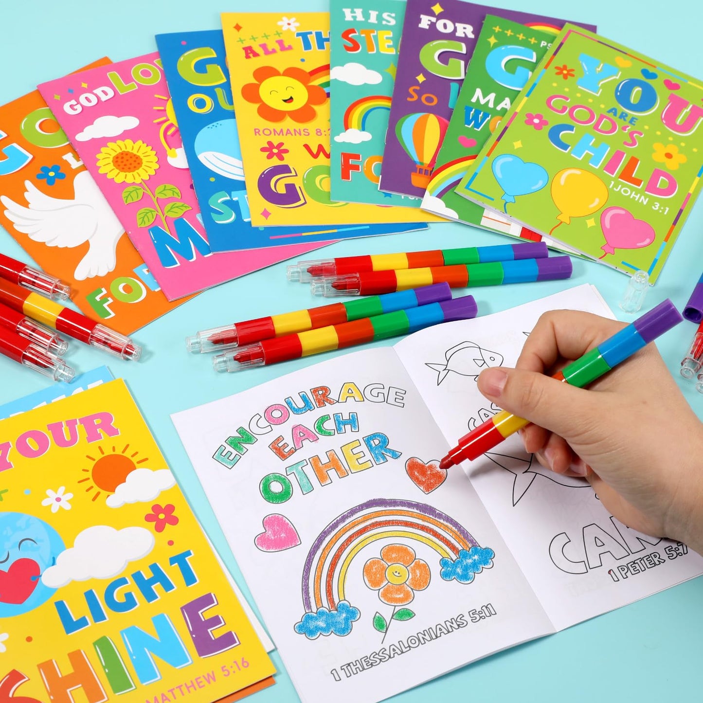 BenLouis 24 Bible Verses Mini Coloring Books with Stacking Crayons – Kids Christian Party Favors & Classroom Activity Bulk Kit