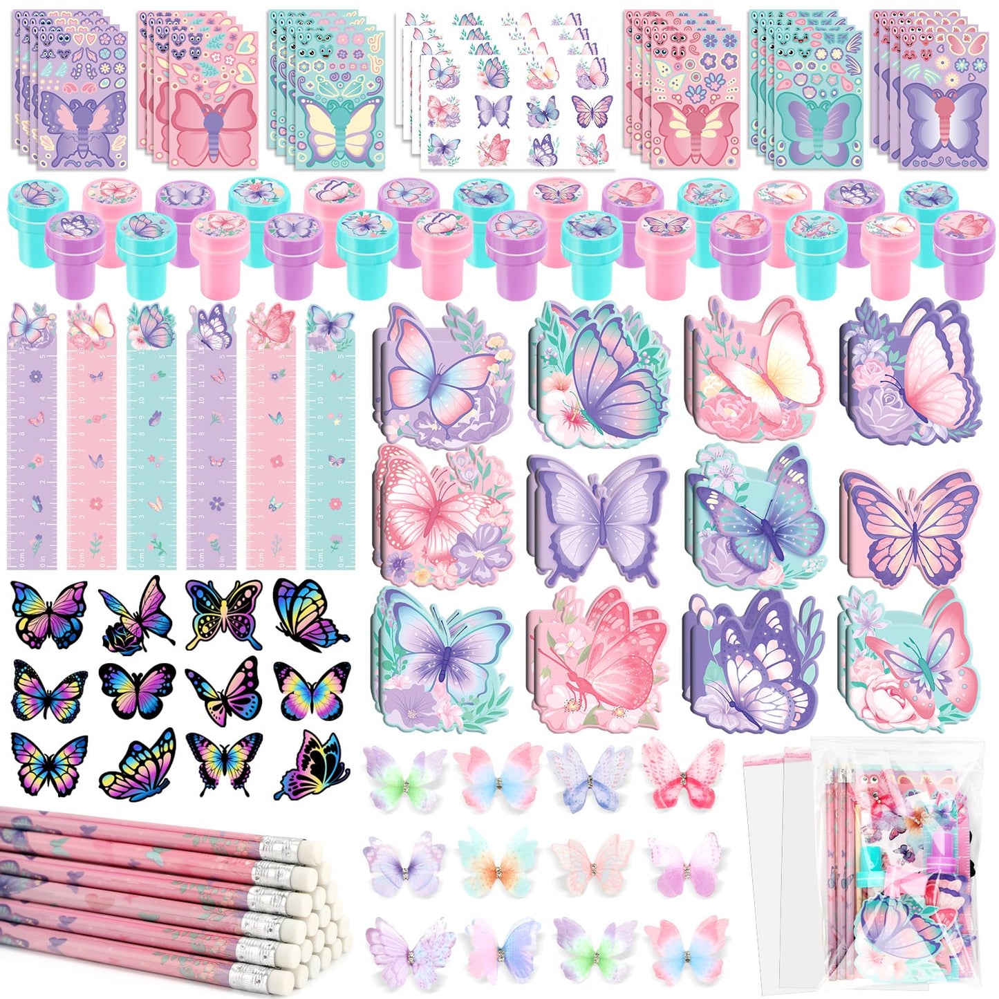 BenLouis 108Pcs Butterfly Party Favors – Colorful Kids Stationery Set for Parties, Classrooms & Goodie Bags