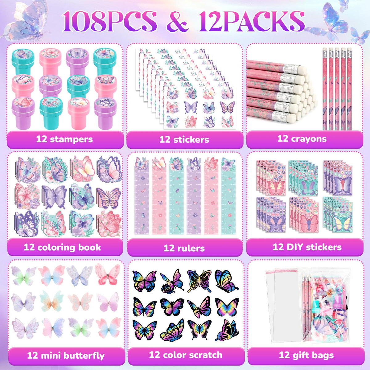 BenLouis 108Pcs Butterfly Party Favors – Colorful Kids Stationery Set for Parties, Classrooms & Goodie Bags