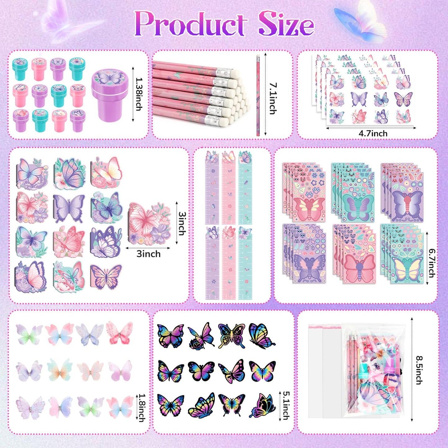 BenLouis 108Pcs Butterfly Party Favors – Colorful Kids Stationery Set for Parties, Classrooms & Goodie Bags