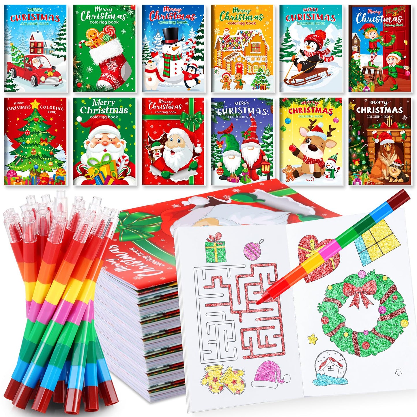 BenLouis 12 Christmas Mini Coloring Books with Stacking Crayons - Kids' Party Favors