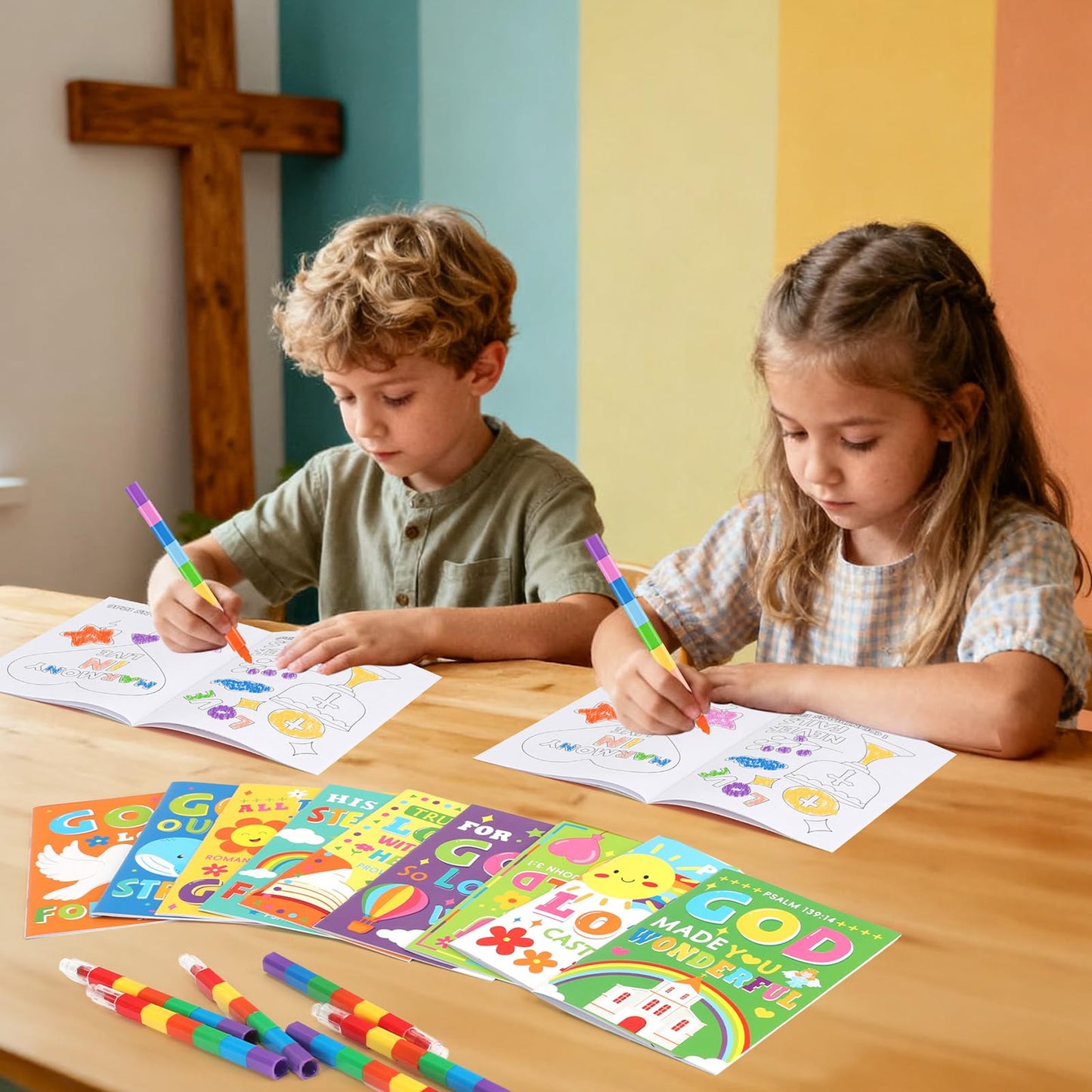 BenLouis 24 Bible Verses Mini Coloring Books with Stacking Crayons – Kids Christian Party Favors & Classroom Activity Bulk Kit