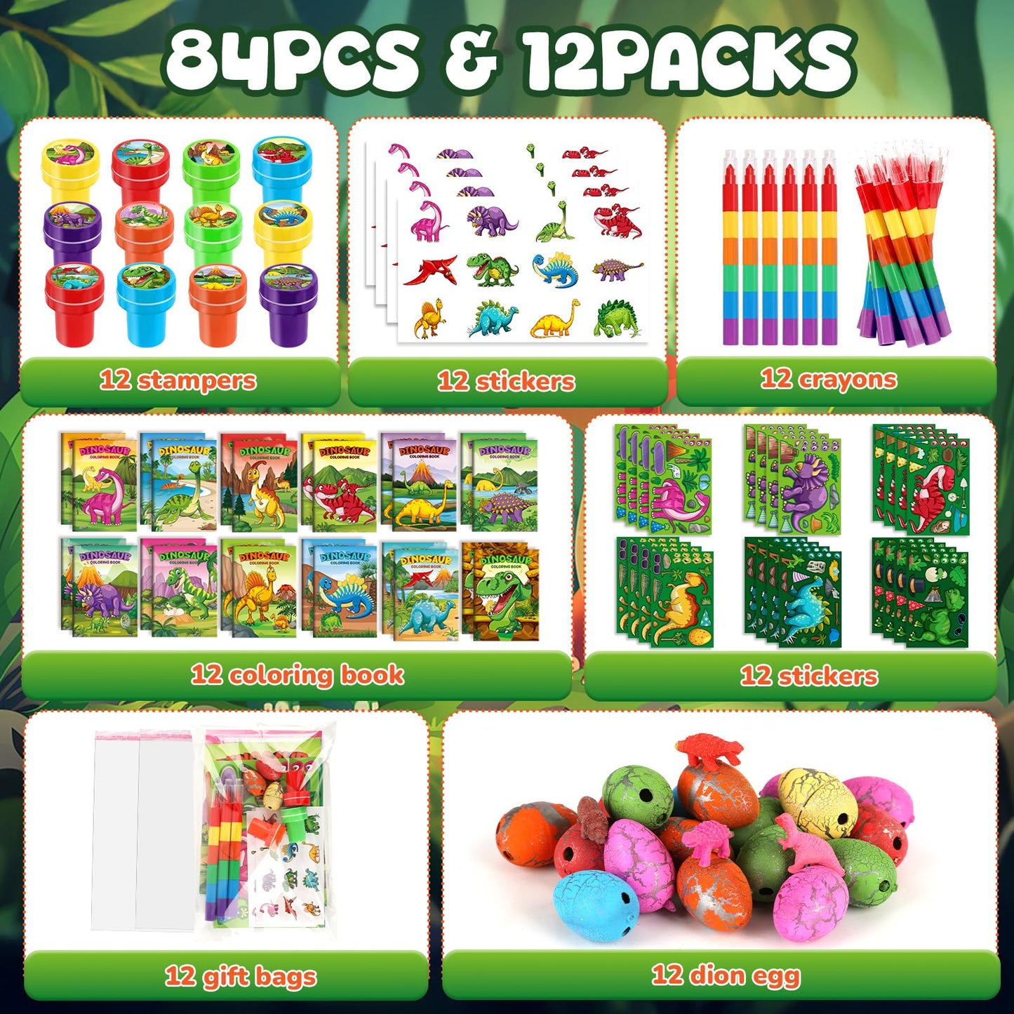 BenLouis 84Pcs Dinosaur Party Favors – Coloring Books, Crayons, Stickers & More