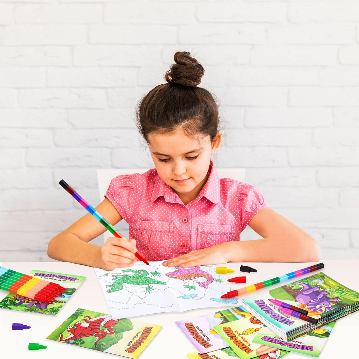 BenLouis 12 Dinosaur Mini Coloring Books with Stacking Crayons – Dino Party Favors
