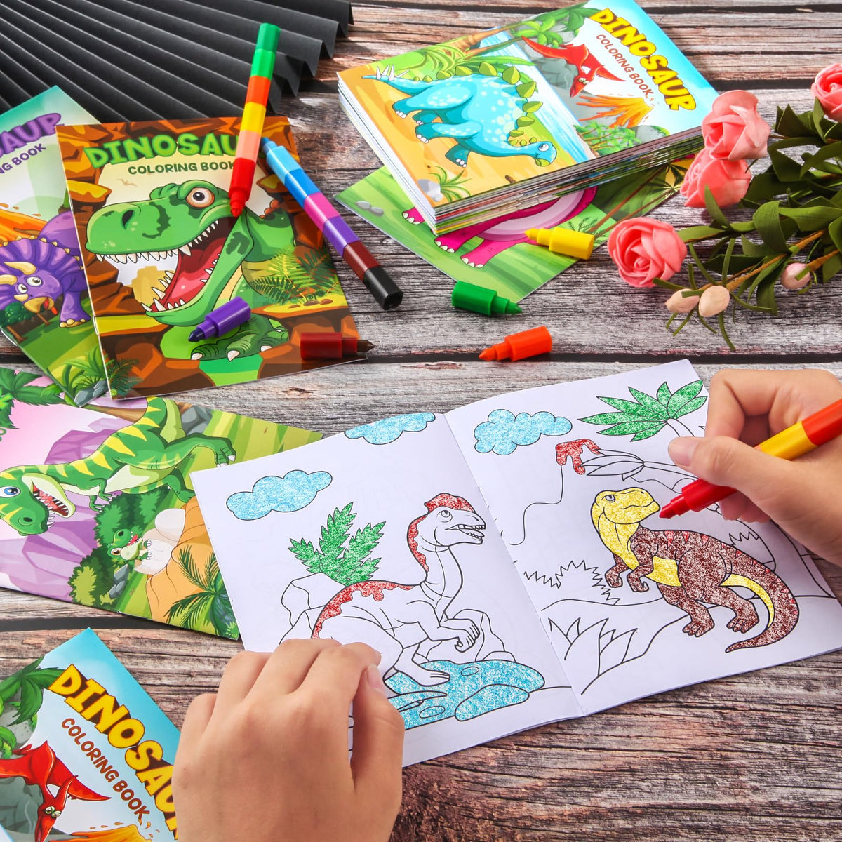 BenLouis 12 Dinosaur Mini Coloring Books with Stacking Crayons – Dino Party Favors