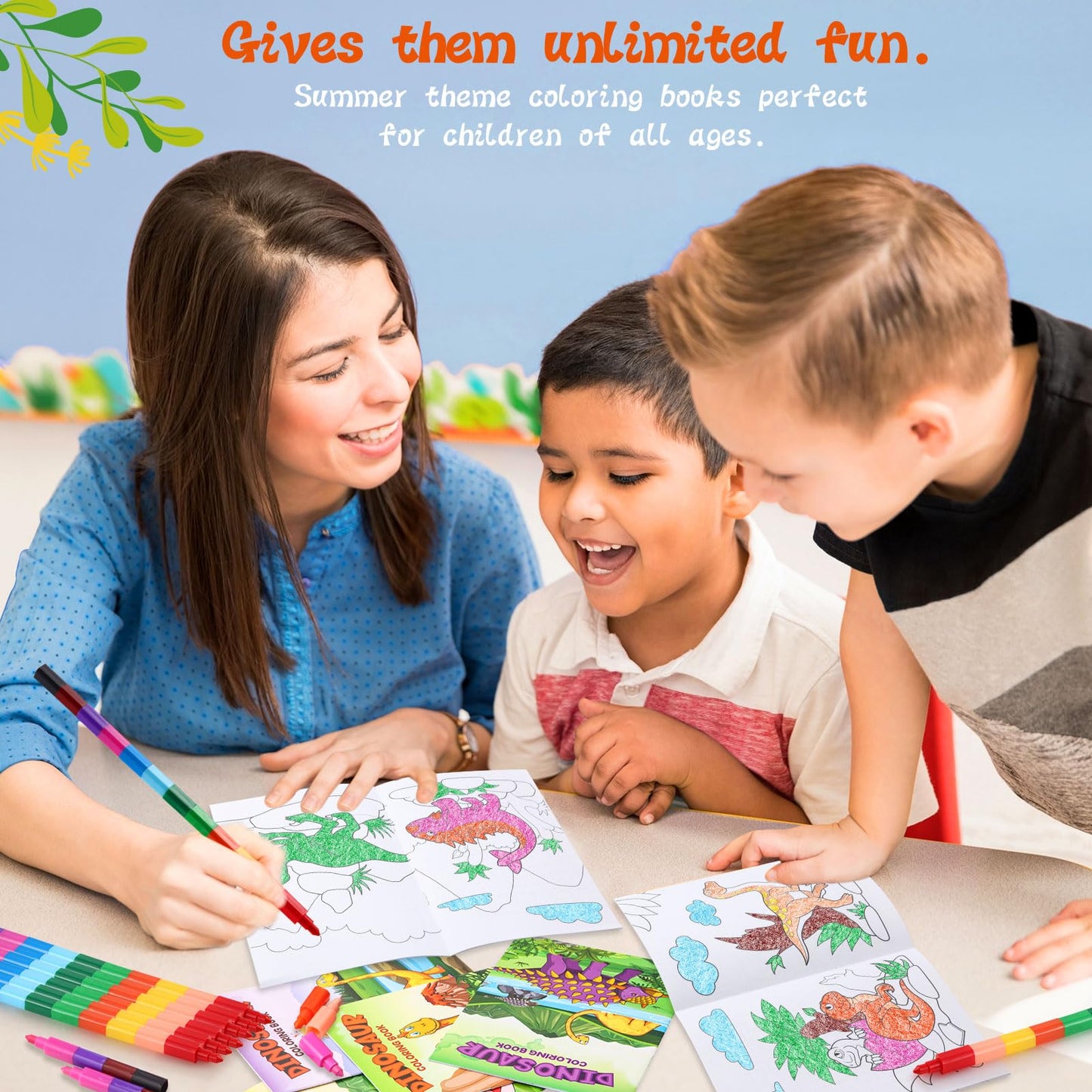 BenLouis 24 Dinosaur Mini Coloring Books with Stacking Crayons – Kids Party Favors & Classroom Activity Bulk