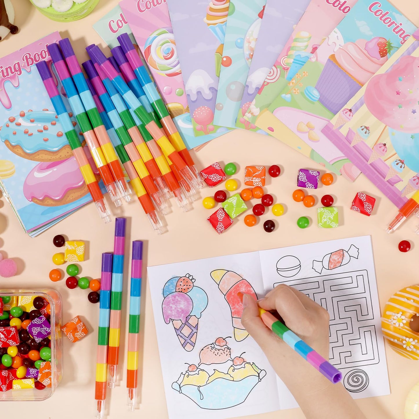 BenLouis 24 Sweet Mini Coloring Books with Stacking Crayons – Candyland Donut Party Favors