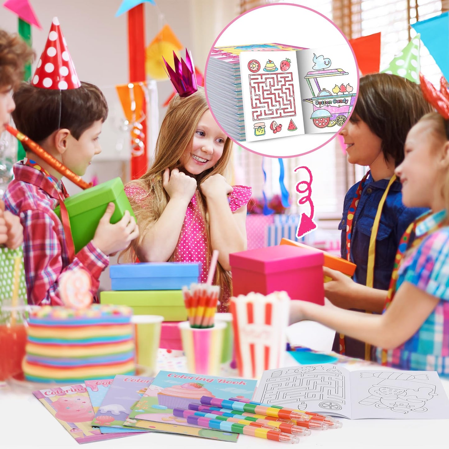 BenLouis 24 Sweet Mini Coloring Books with Stacking Crayons – Candyland Donut Party Favors