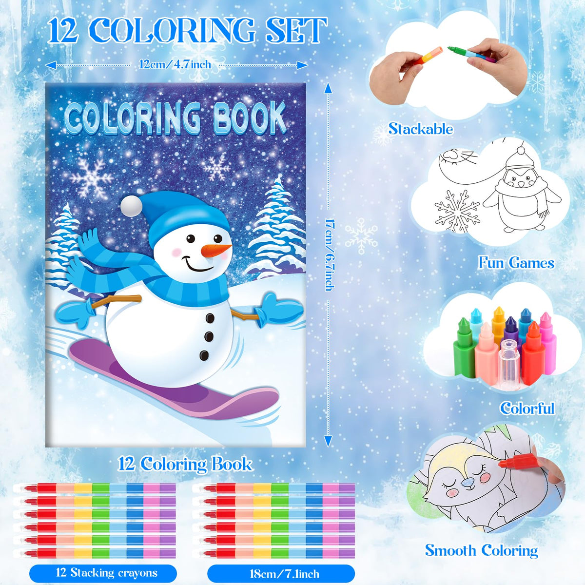 BenLouis 12 Frozen Mini Coloring Books with 12 Stacking Crayons – Winter Snowflake Party Favors