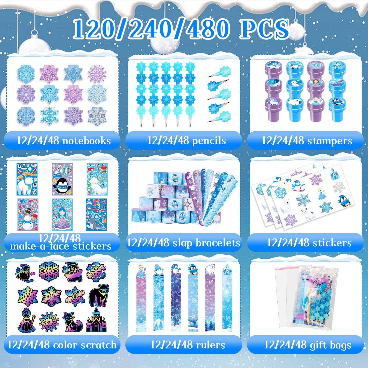 BenLouis 432Pcs Frozen School Stationery Set – Winter Snowflake Classroom Favors & Party Prizes