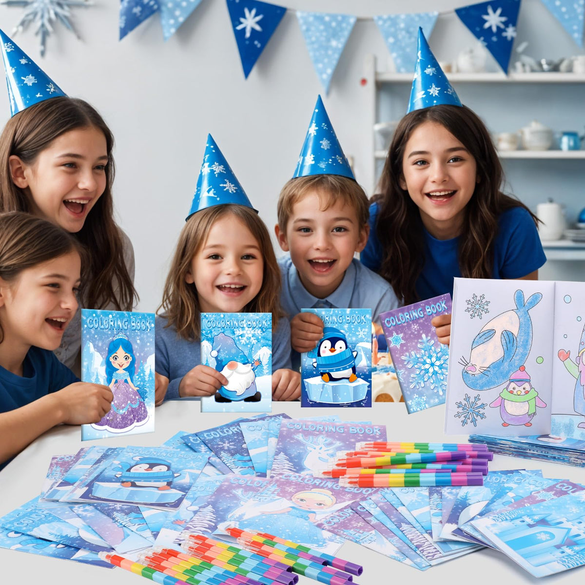BenLouis 12 Frozen Mini Coloring Books with 12 Stacking Crayons – Winter Snowflake Party Favors
