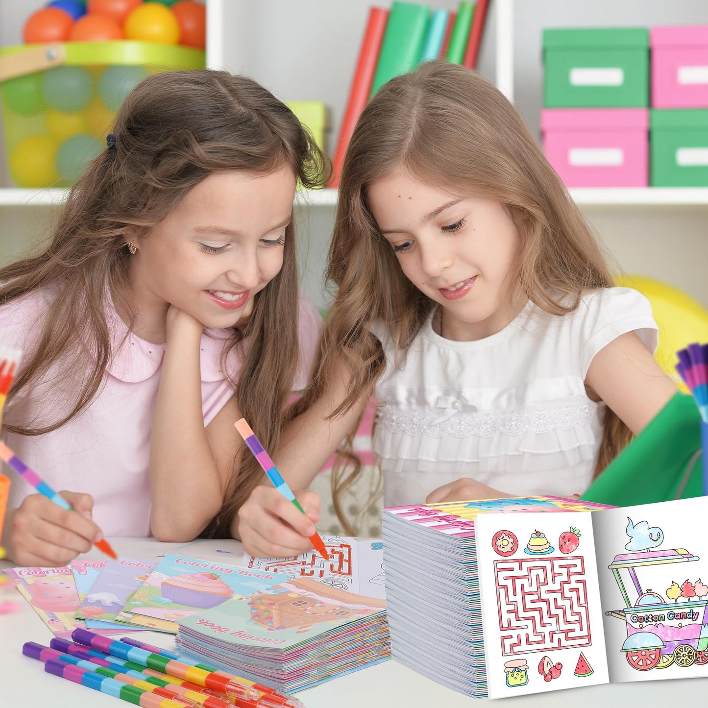 BenLouis 24 Sweet Mini Coloring Books with Stacking Crayons – Candyland Donut Party Favors