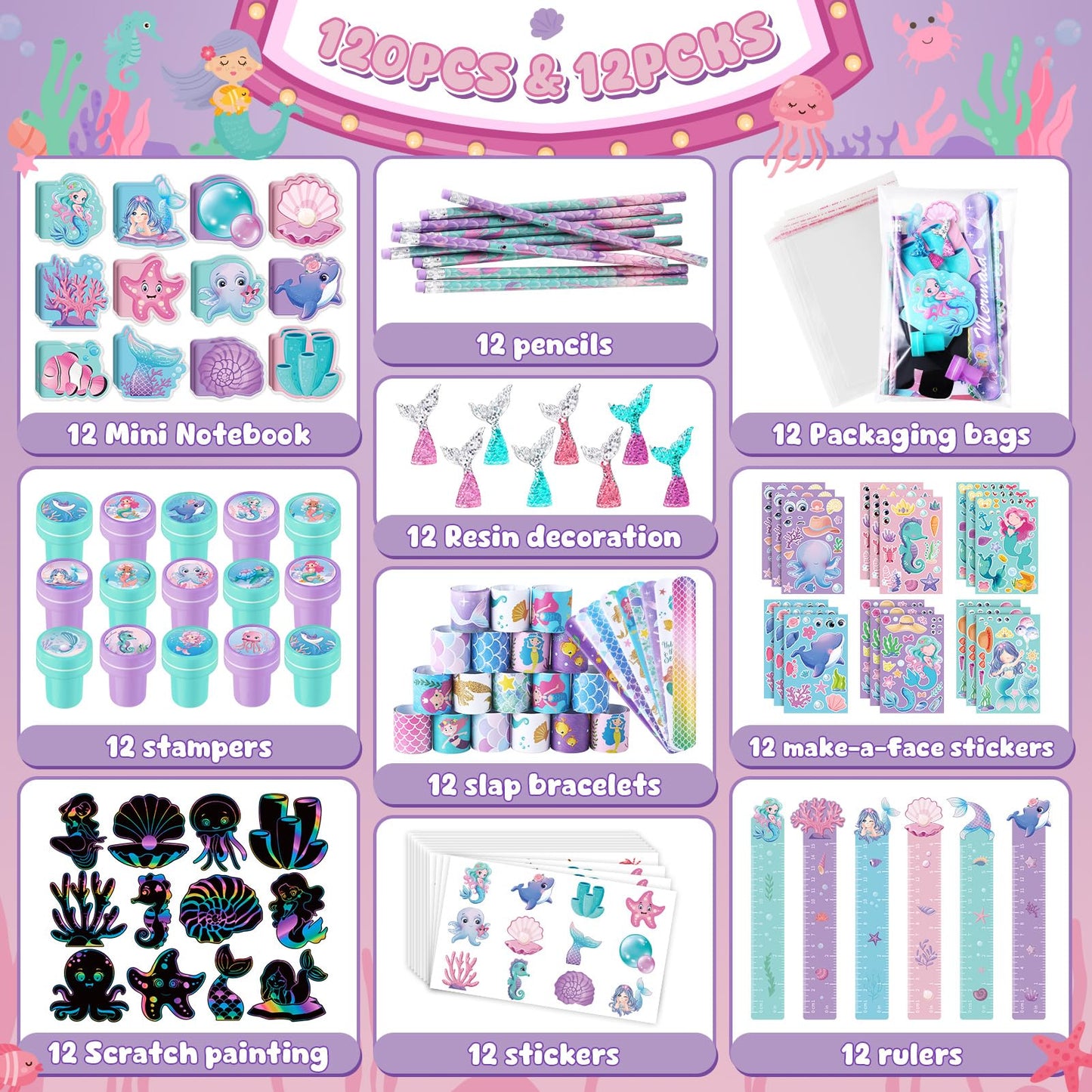 BenLouis Mermaid Party Favors Set – 120 Pcs Mermaid School Supplies for Kids