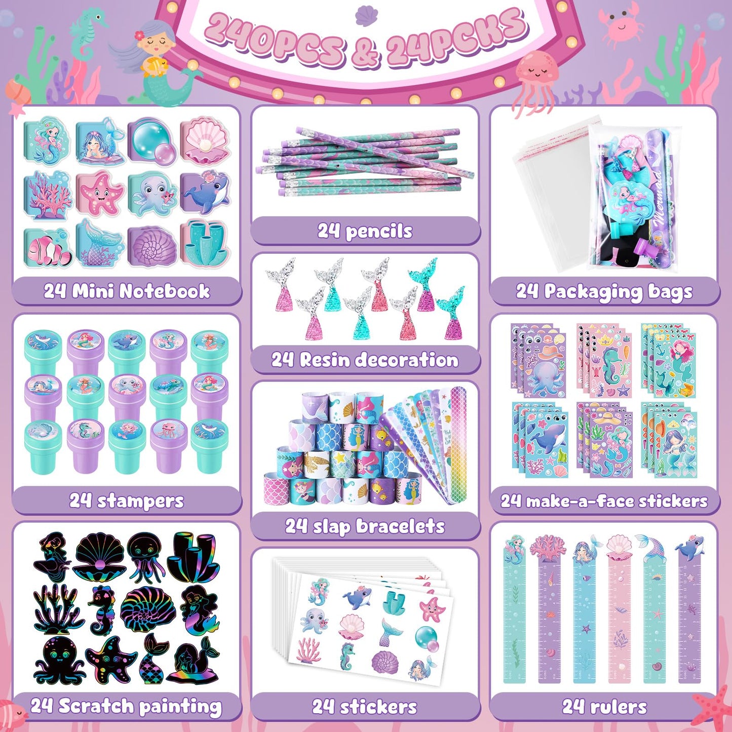 BenLouis 240-Pcs Mermaid Party Favors Set – Pencils, Notebooks, Rulers & More