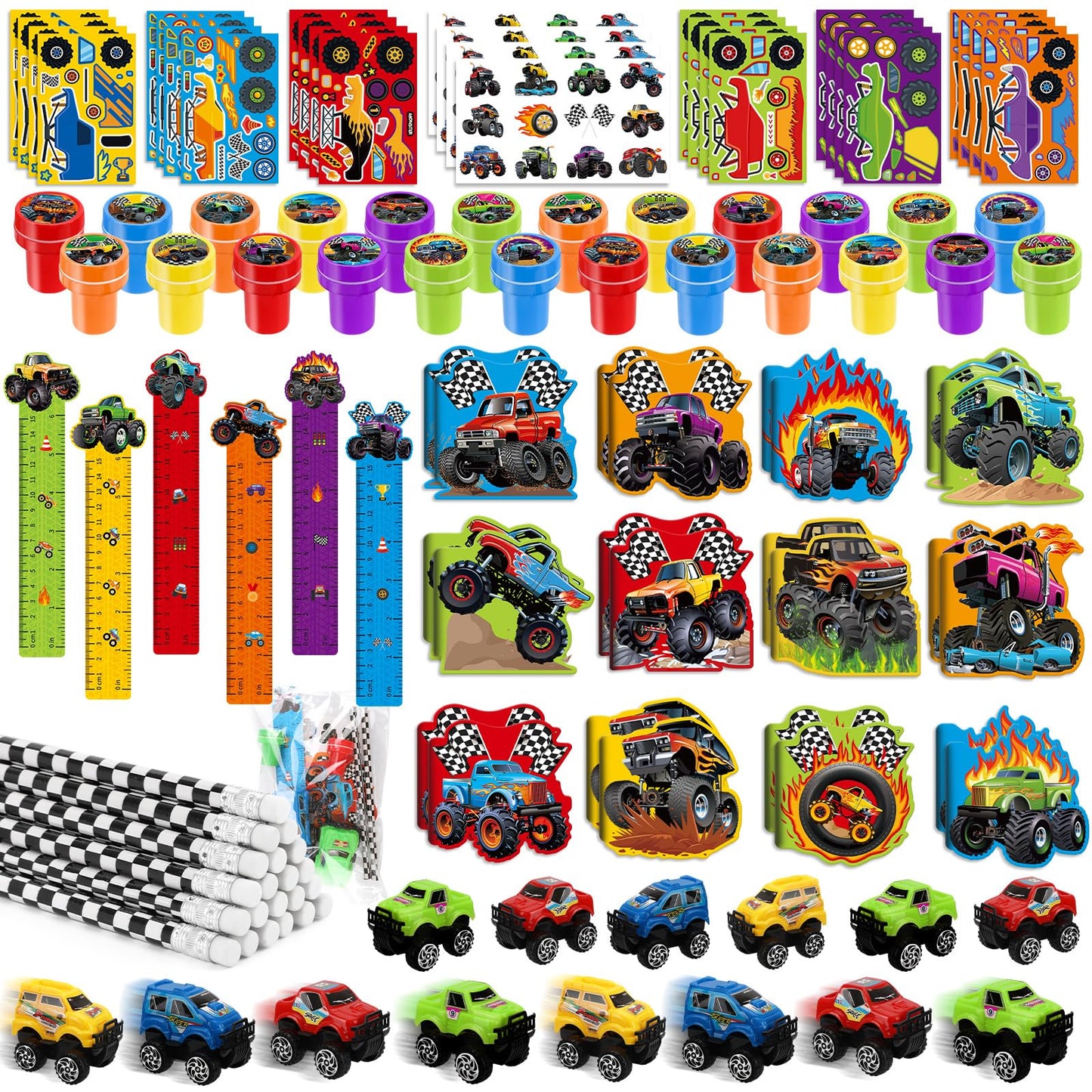 BenLouis 96Pcs Monster Truck Party Favors Set – Kids Birthday Stationery & Goodie Bag Fillers
