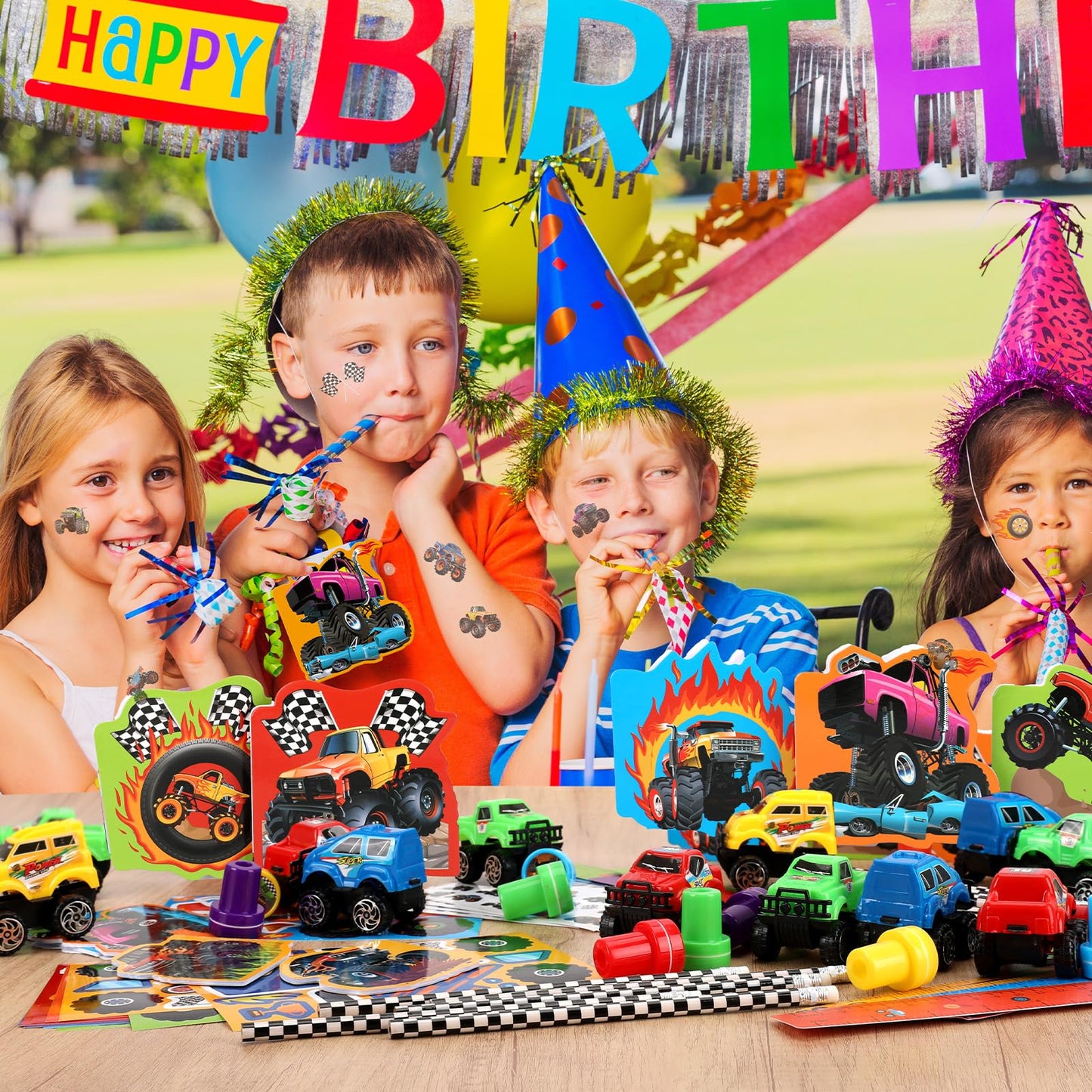 BenLouis 96Pcs Monster Truck Party Favors Set – Kids Birthday Stationery & Goodie Bag Fillers