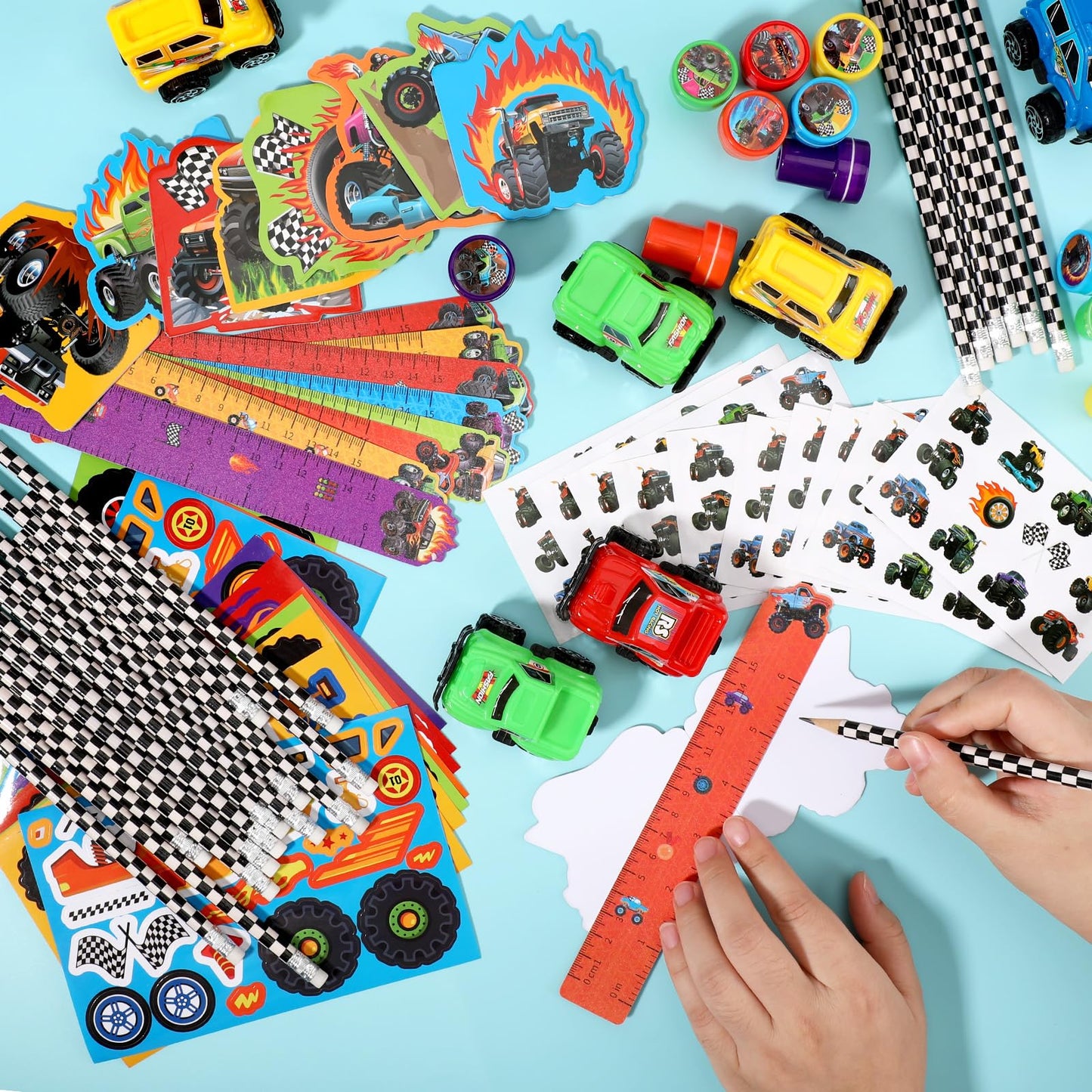 BenLouis 96Pcs Monster Truck Party Favors Set – Kids Birthday Stationery & Goodie Bag Fillers