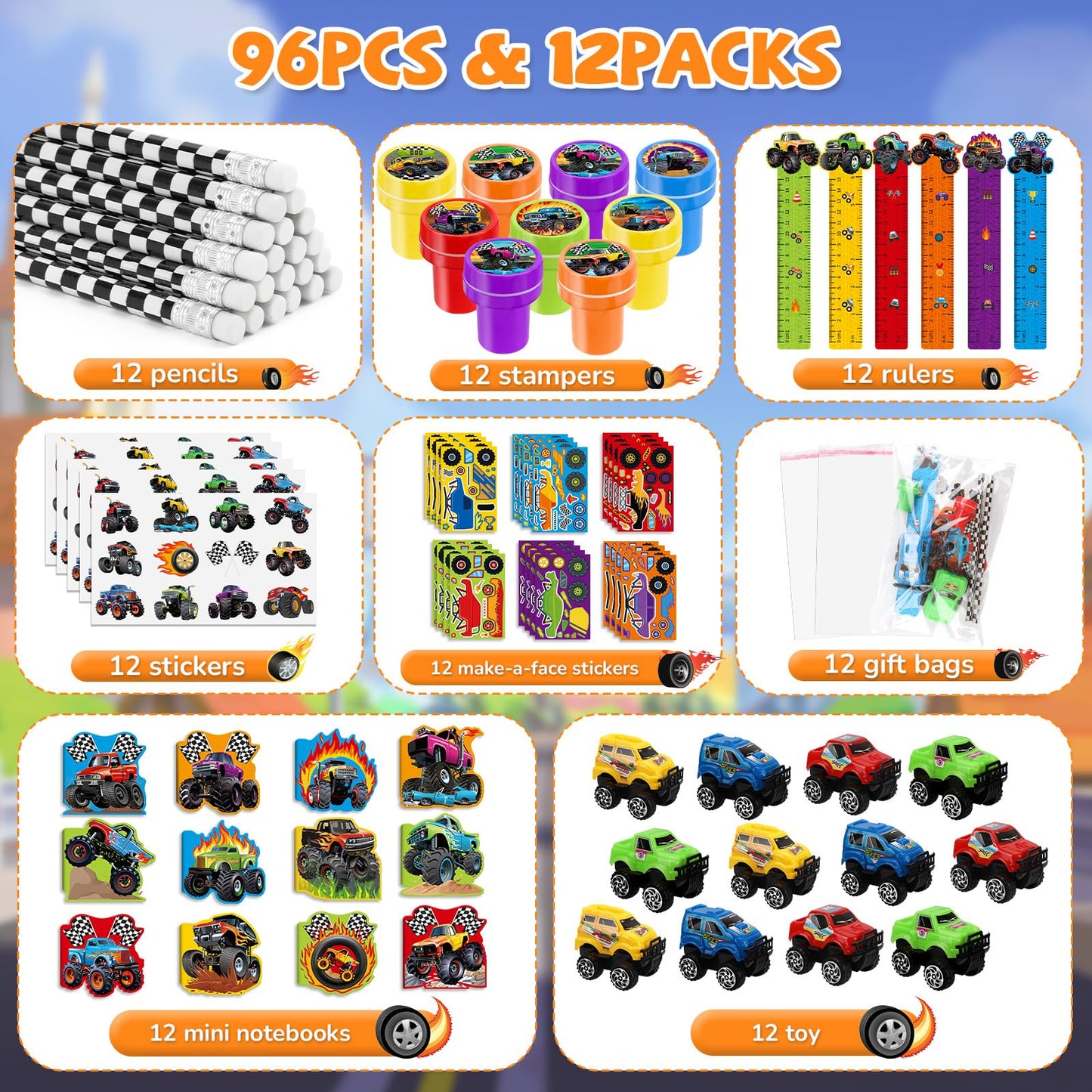 BenLouis 96Pcs Monster Truck Party Favors Set – Kids Birthday Stationery & Goodie Bag Fillers