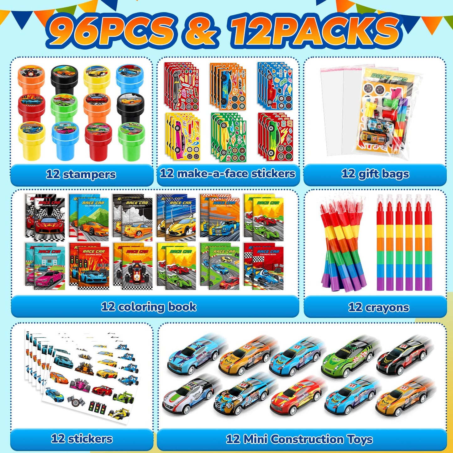 BenLouis 84Pcs Race Car Party Favors — Coloring Books, Crayons, Stickers & Mini Cars