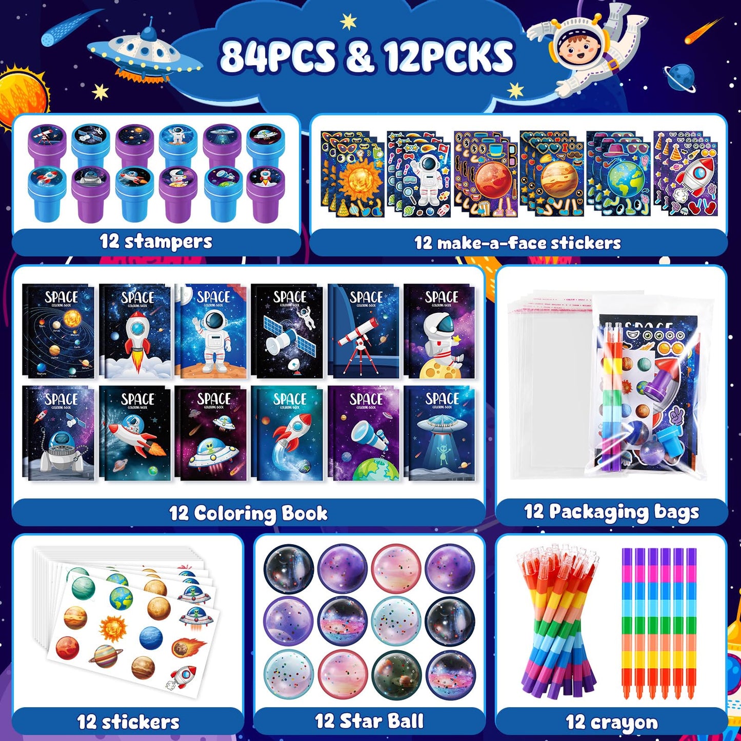 BenLouis 84-Pcs Outer Space Themed Party Favors Set – Coloring Books, Crayons, Stickers & More