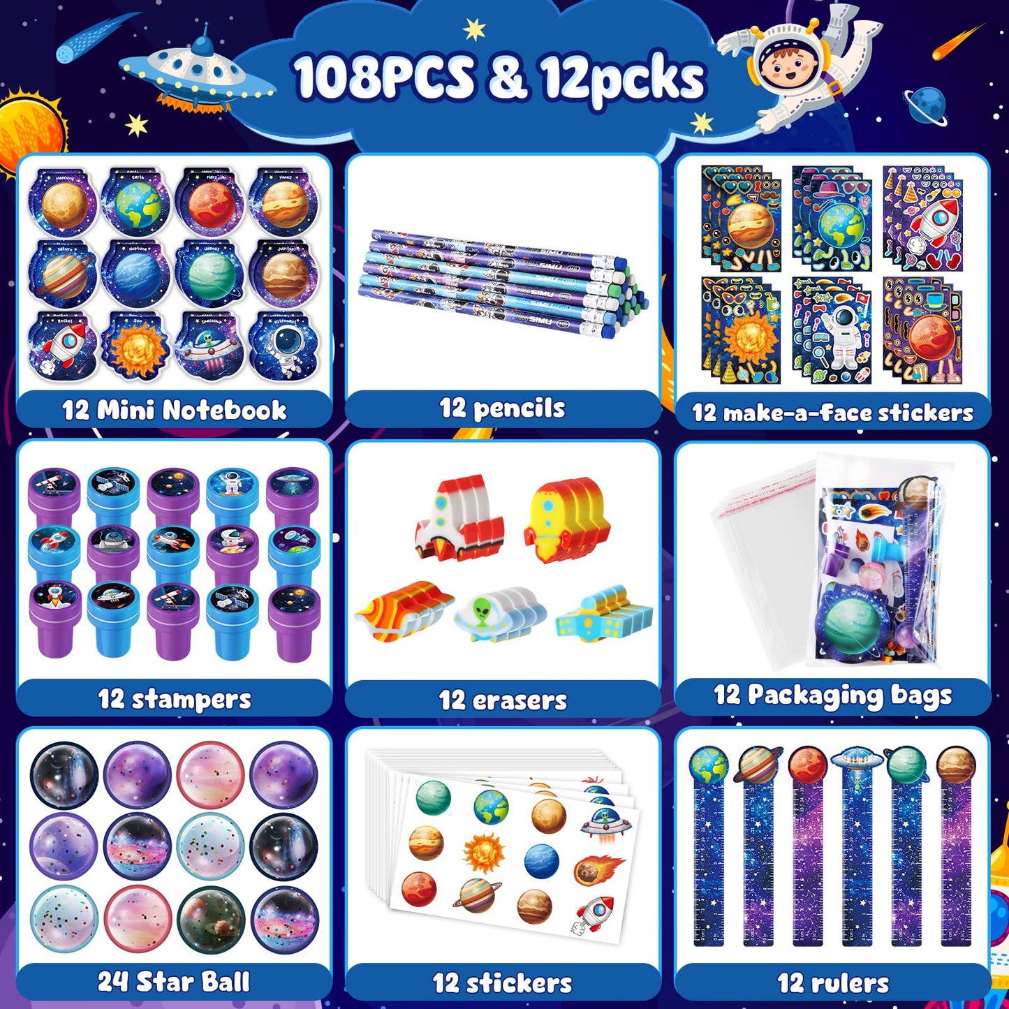 BenLouis 108Pcs Outer Space Party Favors – Space Themed Stationery Set for Classroom & Party Goodie Bags