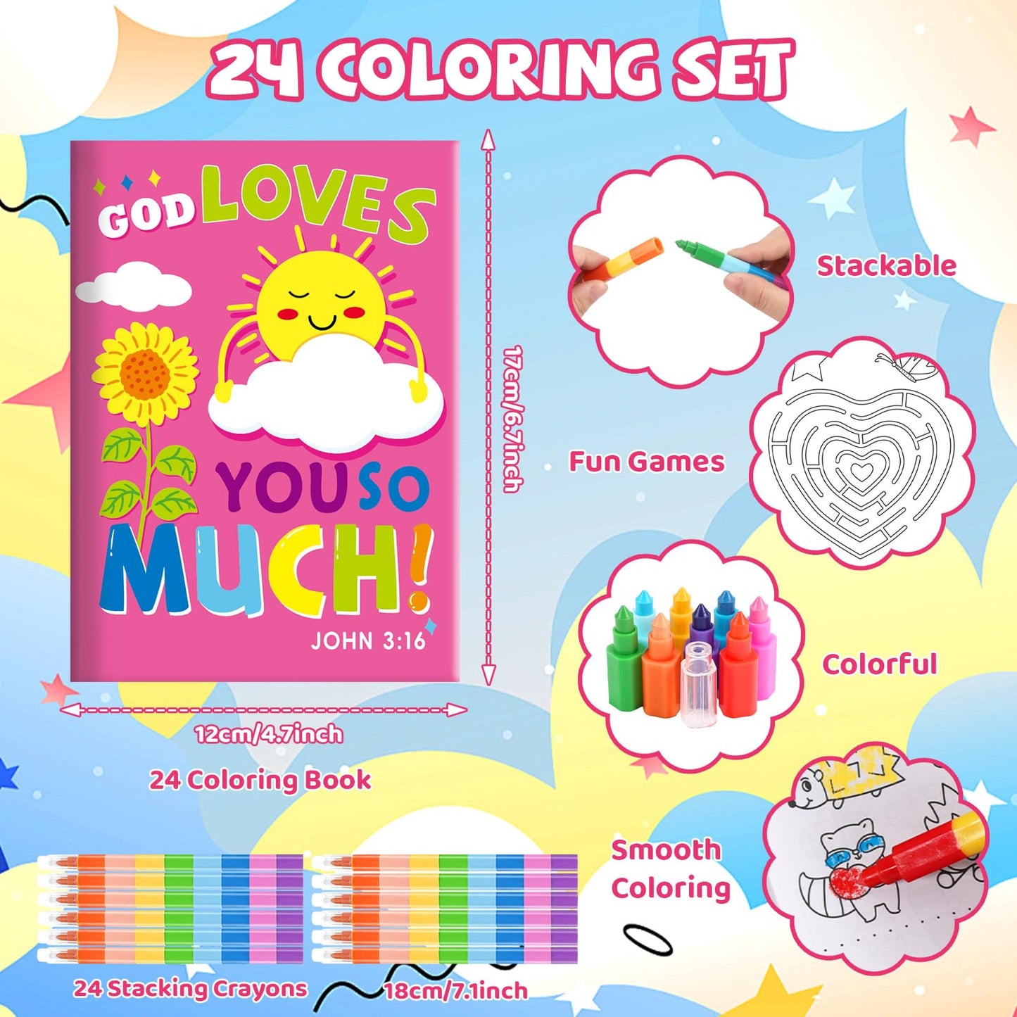 BenLouis 24 Bible Verses Mini Coloring Books with Stacking Crayons – Kids Christian Party Favors & Classroom Activity Bulk Kit
