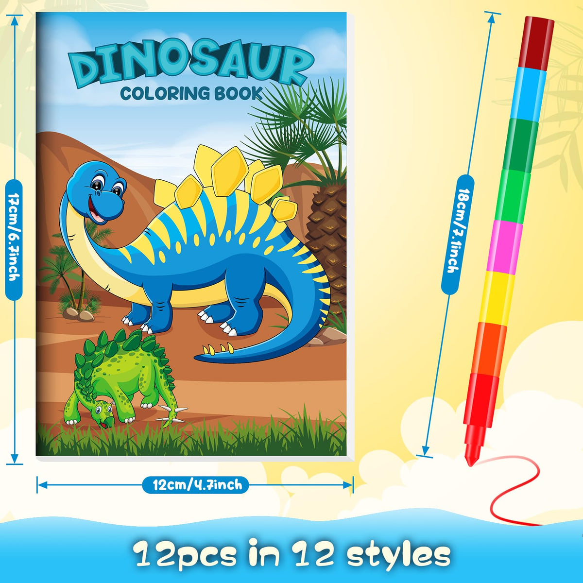 BenLouis 12 Dinosaur Mini Coloring Books with Stacking Crayons – Dino Party Favors
