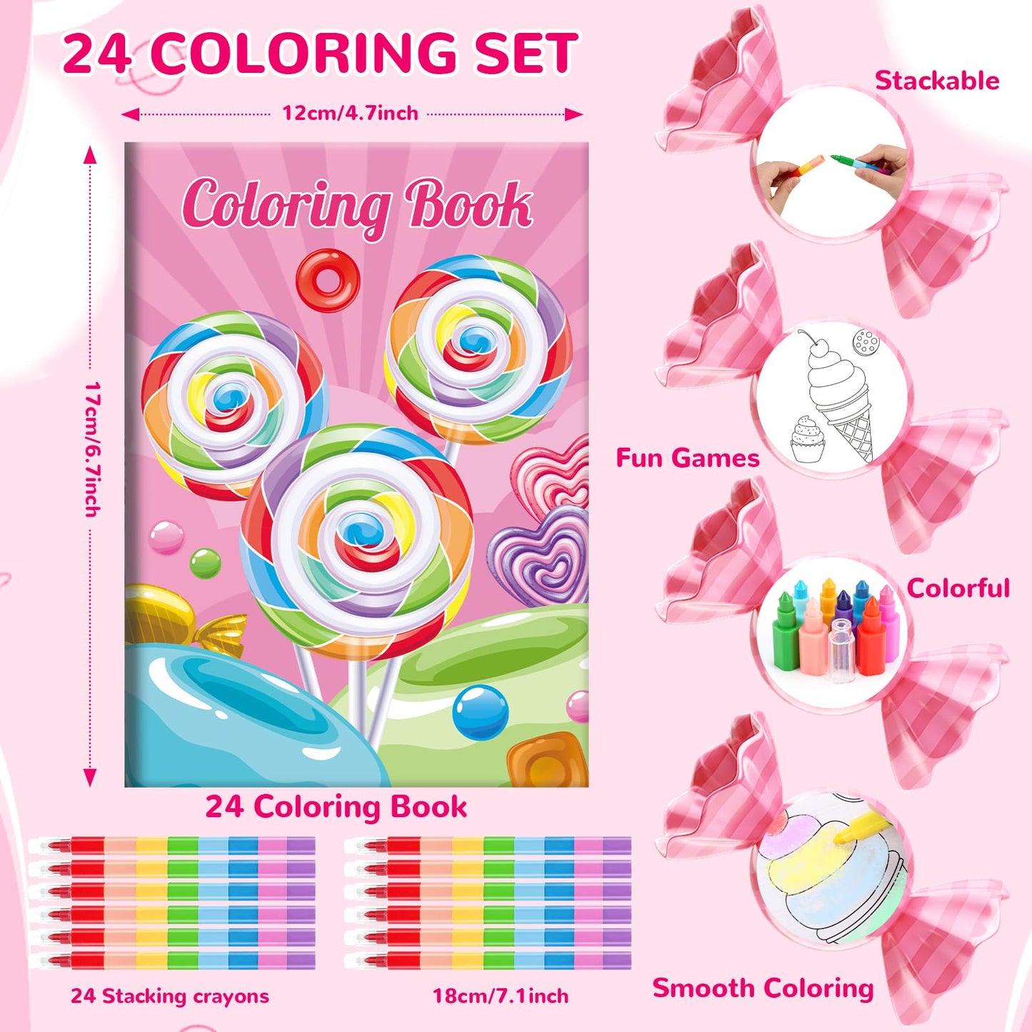 BenLouis 24 Sweet Mini Coloring Books with Stacking Crayons – Candyland Donut Party Favors
