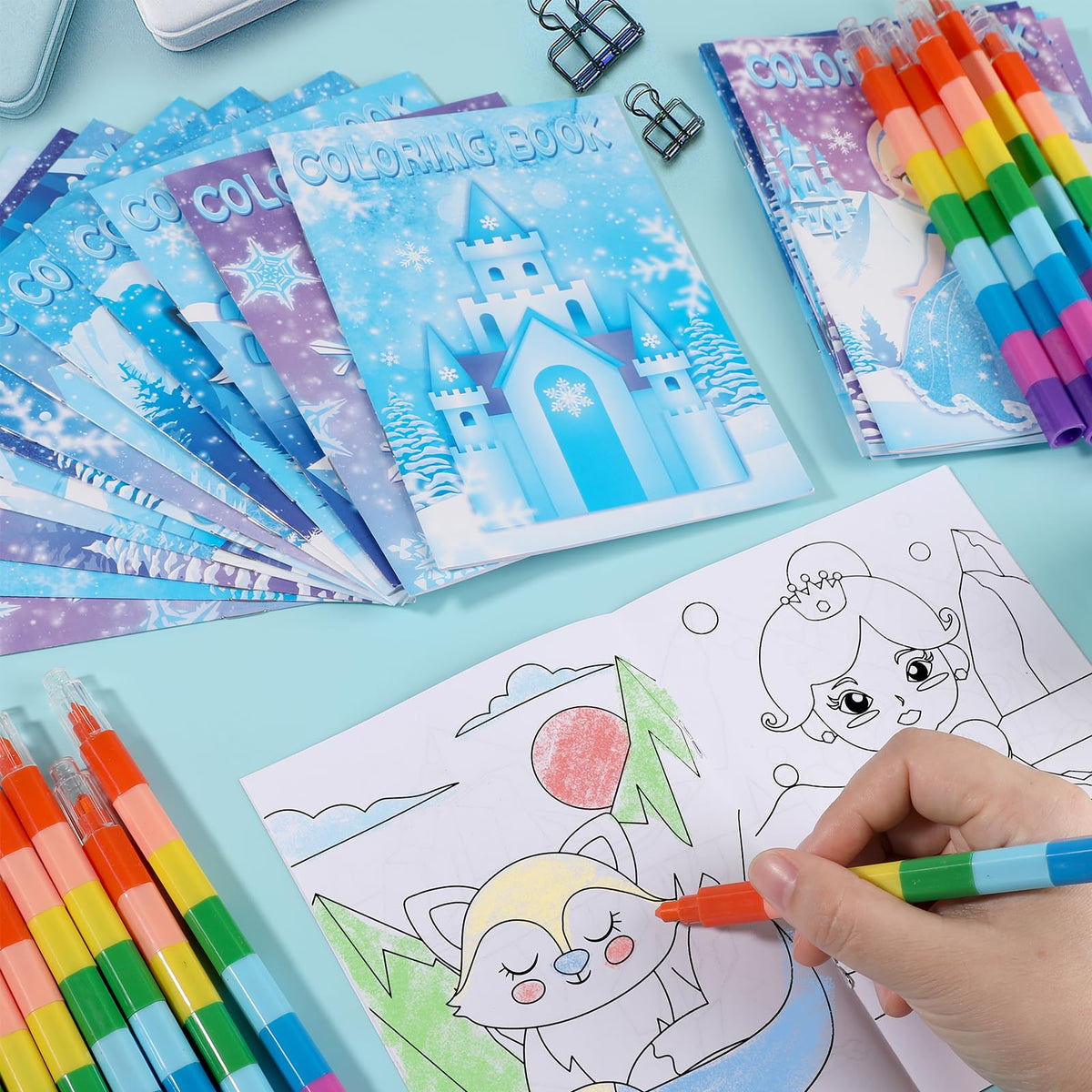 BenLouis 12 Frozen Mini Coloring Books with 12 Stacking Crayons – Winter Snowflake Party Favors