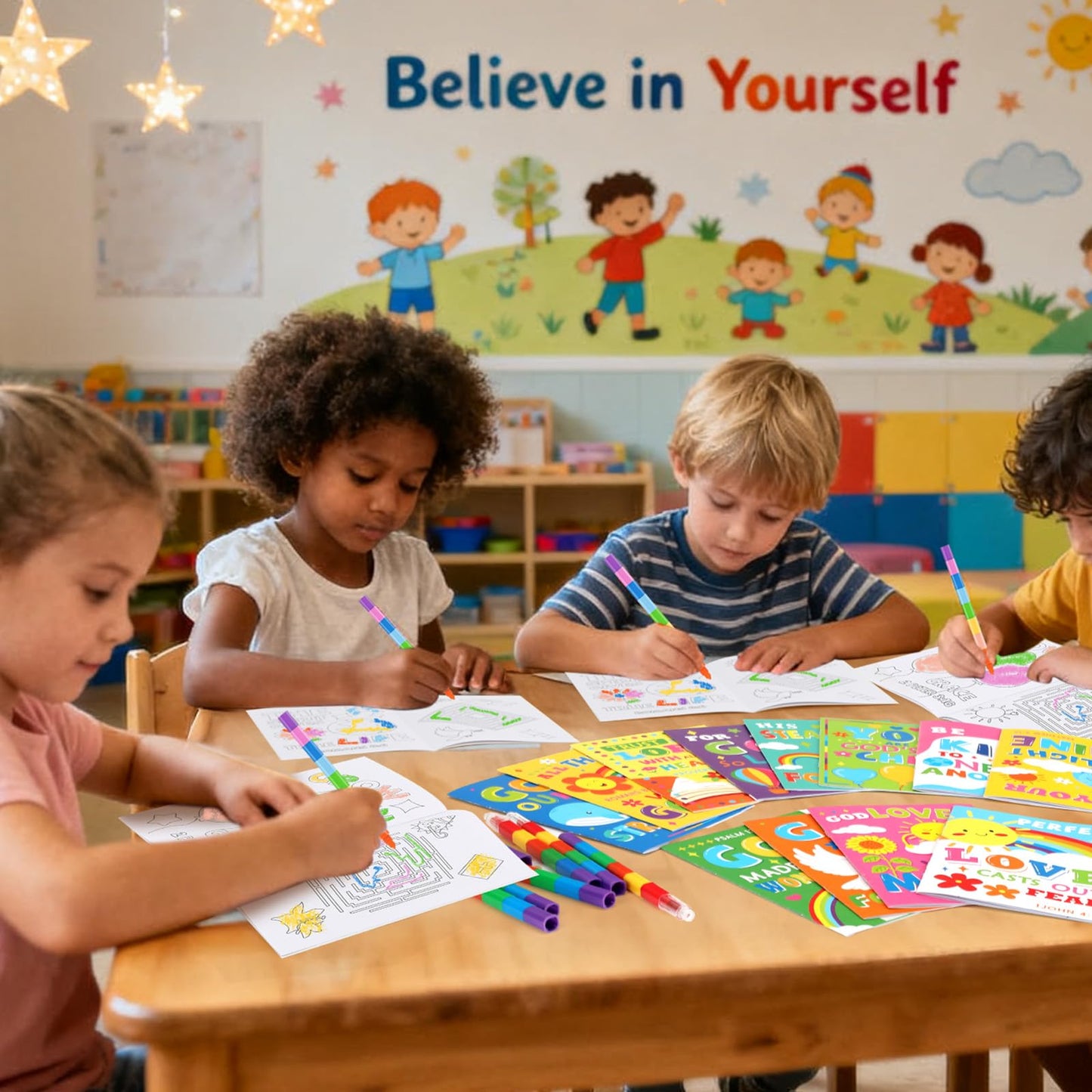 BenLouis 24 Bible Verses Mini Coloring Books with Stacking Crayons – Kids Christian Party Favors & Classroom Activity Bulk Kit