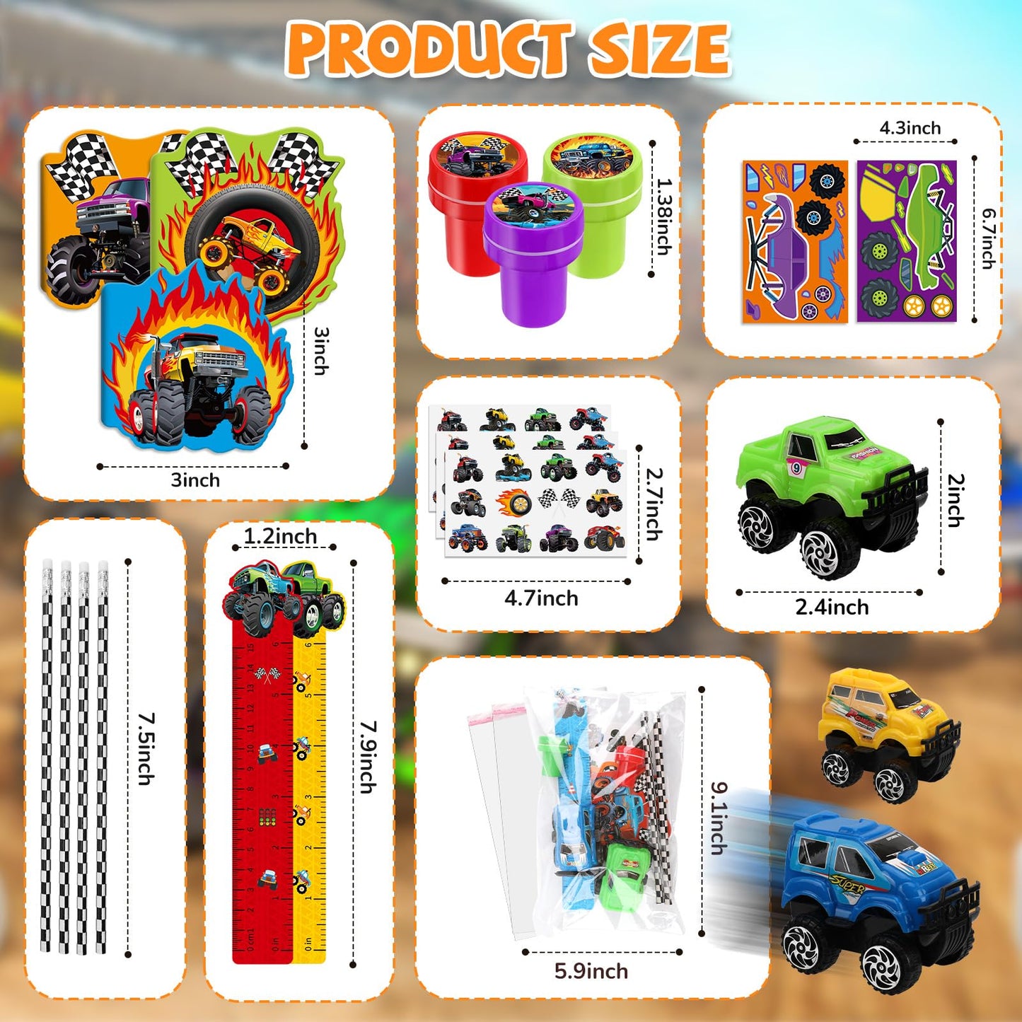 BenLouis 96Pcs Monster Truck Party Favors Set – Kids Birthday Stationery & Goodie Bag Fillers