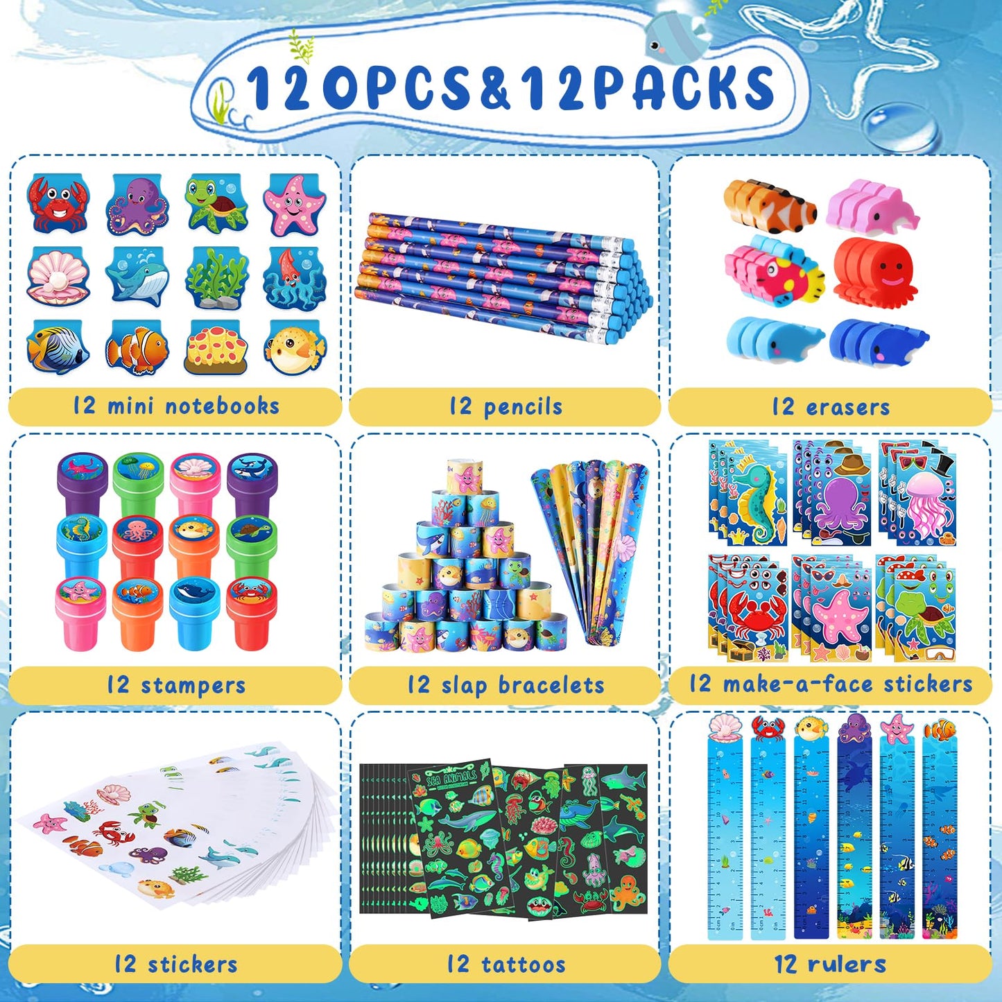 BenLouis 120Pcs Under the Sea Party Favors – Ocean Animals Stationery Bulk for Kids