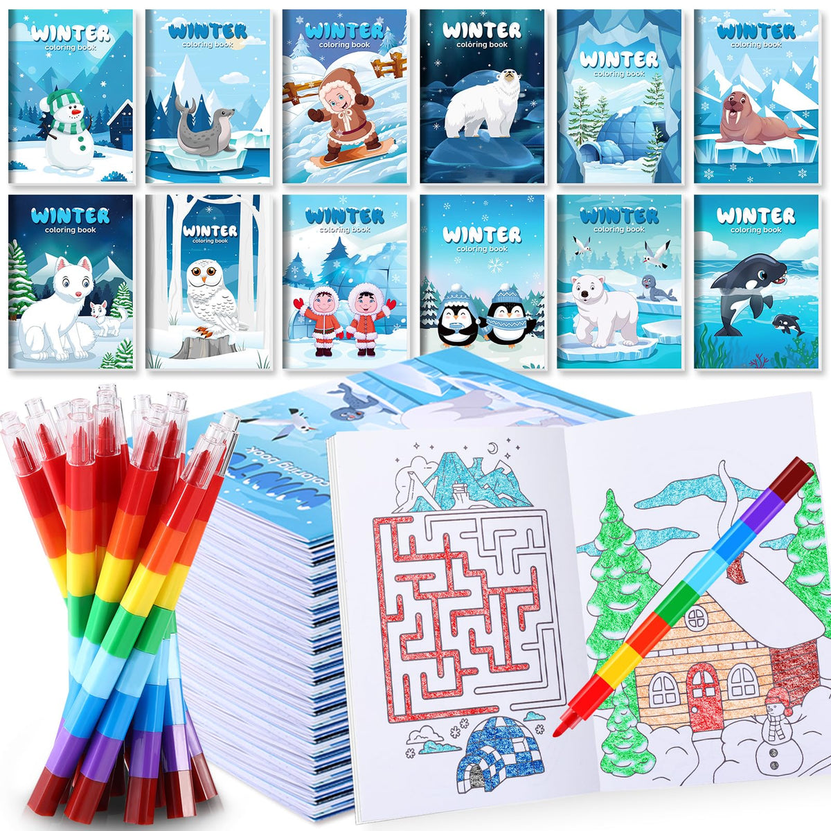 BenLouis 12 Winter Mini Coloring Books with Stacking Crayons – Kids Party Favors