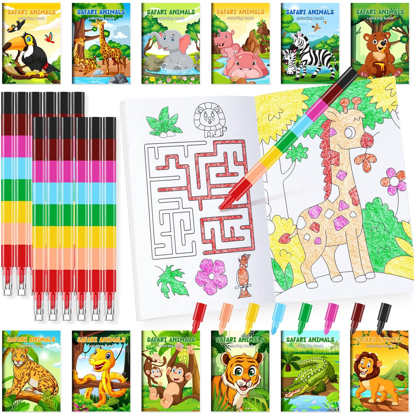 BenLouis 24 Jungle Safari Mini Coloring Books with 24 Stacking Crayons | Party Favors & Classroom Activity