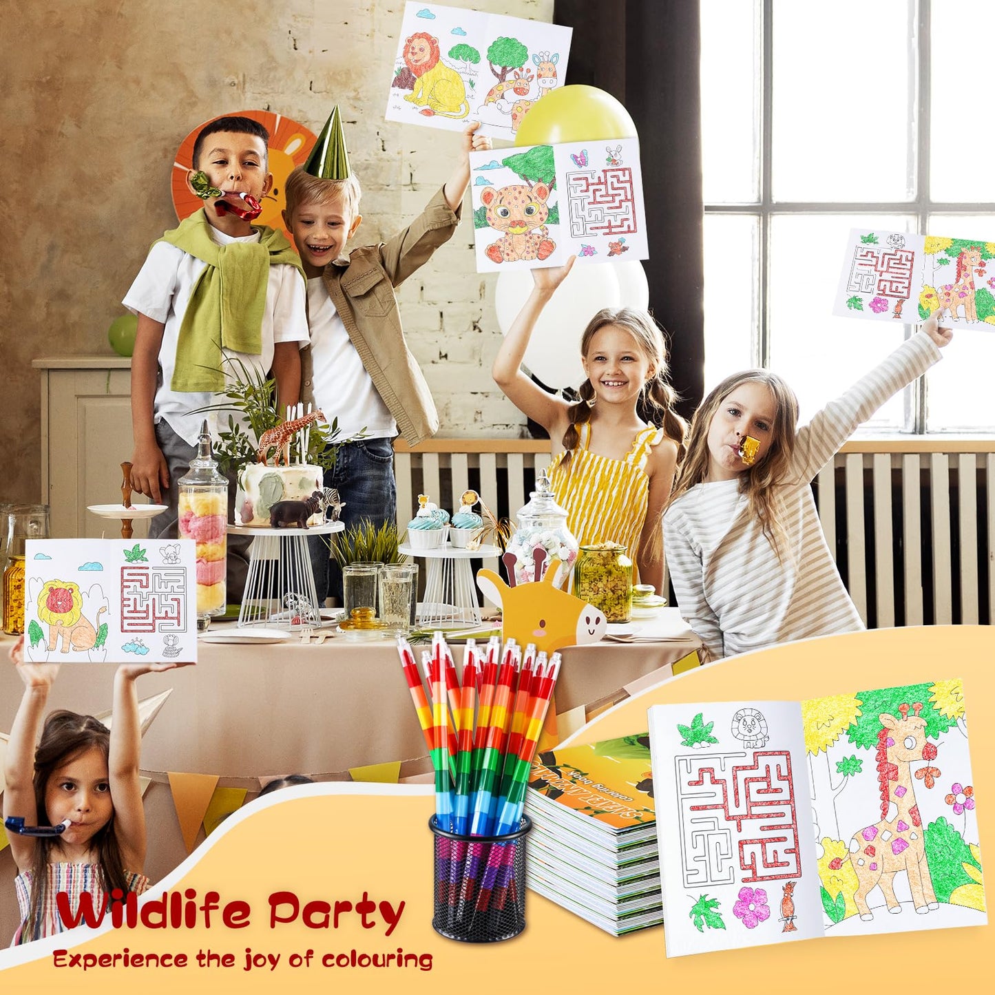 BenLouis 24 Jungle Safari Mini Coloring Books with 24 Stacking Crayons | Party Favors & Classroom Activity
