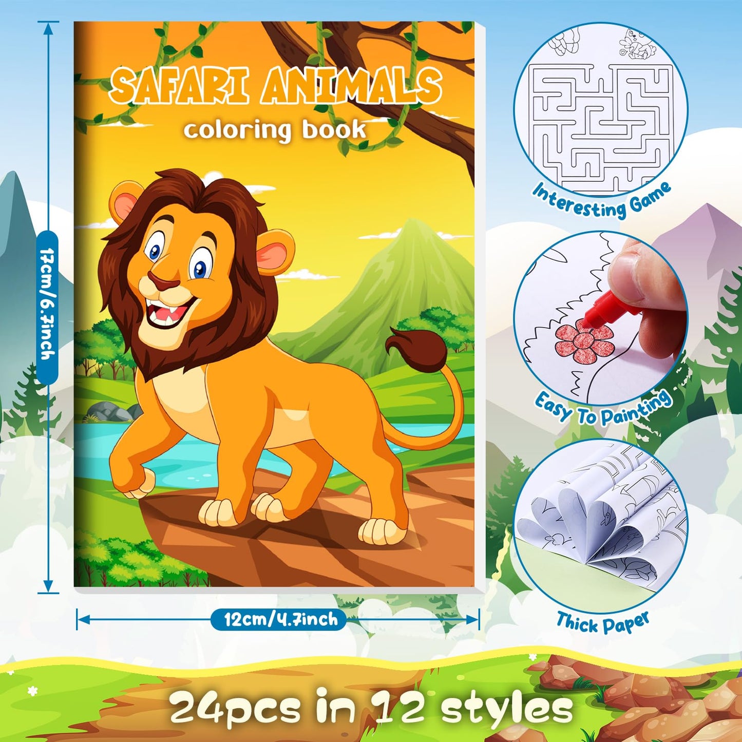 BenLouis 24 Jungle Safari Mini Coloring Books with 24 Stacking Crayons | Party Favors & Classroom Activity