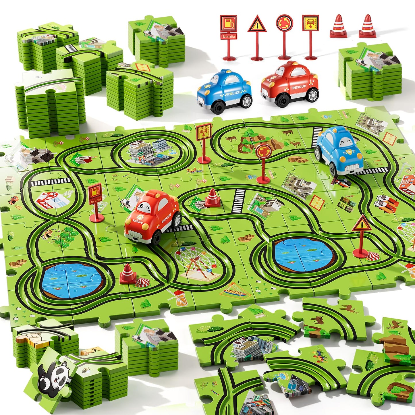 Bennol 56-Piece Jigsaw Puzzle Race Track Car Set for Toddlers (Ages 2–6)