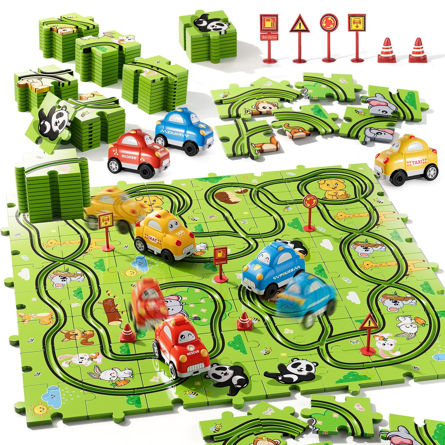 Bennol 73-Piece Jigsaw Puzzle Race Track Car Set for Kids 2-6 | Toddler Toy Gift