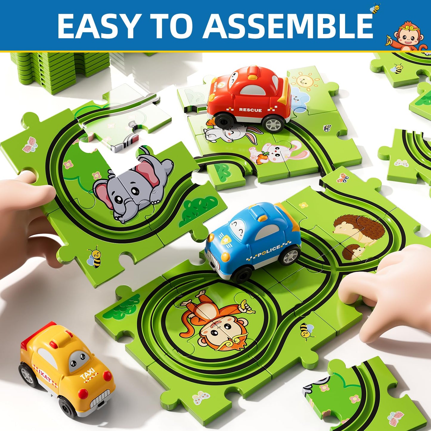 Bennol 73-Piece Jigsaw Puzzle Race Track Car Set for Kids 2-6 | Toddler Toy Gift