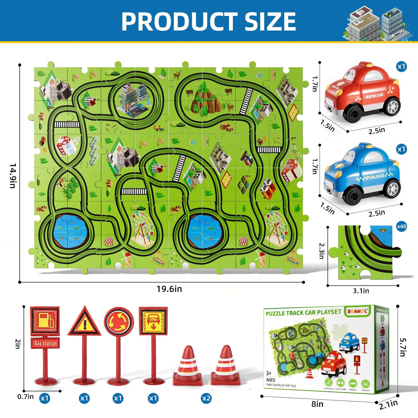 Bennol 56-Piece Jigsaw Puzzle Race Track Car Set for Toddlers (Ages 2–6)