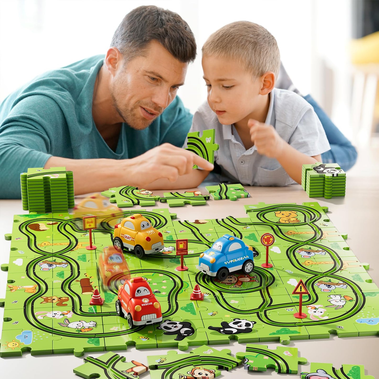 Bennol 73-Piece Jigsaw Puzzle Race Track Car Set for Kids 2-6 | Toddler Toy Gift