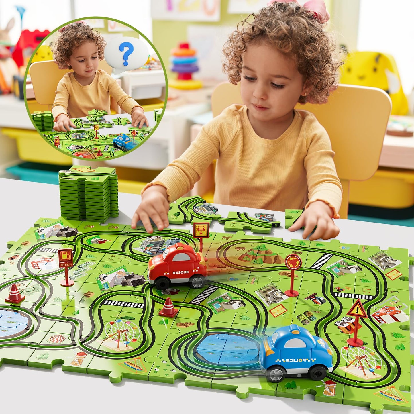 Bennol 56-Piece Jigsaw Puzzle Race Track Car Set for Toddlers (Ages 2–6)